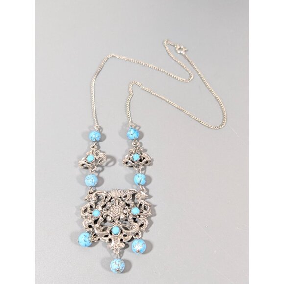 Vintage Turquoise Blue Peking Glass Bead Etruscan Statement Necklace Silver Tone - Picture 3 of 8